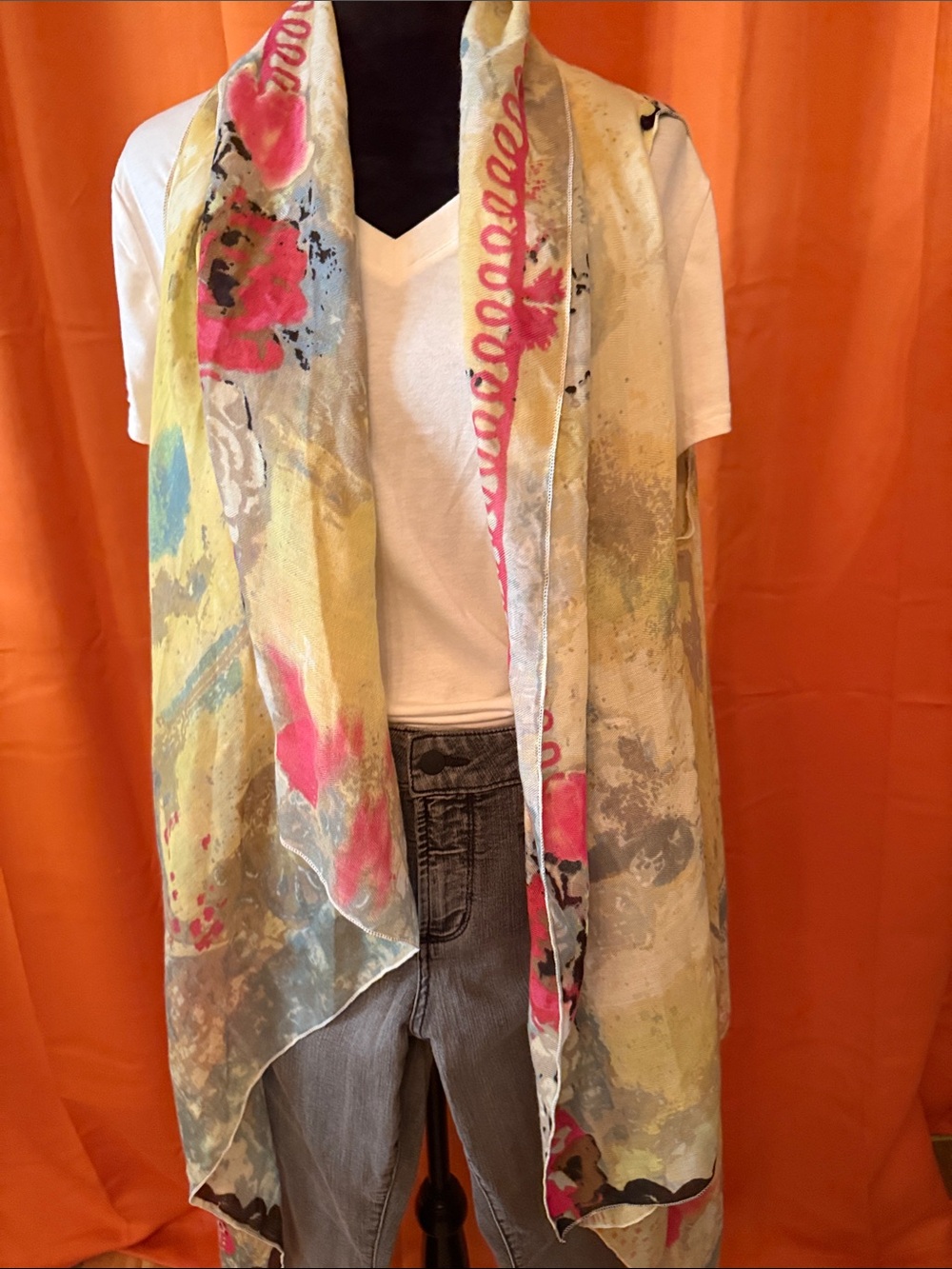 Lightweight Abstract Floral Scarf - Pink, Yellow, Blue